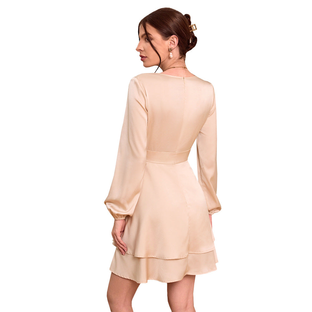 Damen elegantes Wickelkleid mit schimmerndem Satin und langem Arm Drune