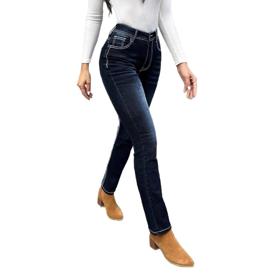 Damen Hochgeschnittene schmal geschnittene Straight-Jeans mit Kontrastnähten und leichtem Schlag Drune