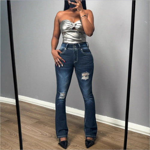 Damen Figurformende High-Waist Bootcut-Jeans mit dreifacher Knopfleiste und dezenter Destroyed-Optik Drune