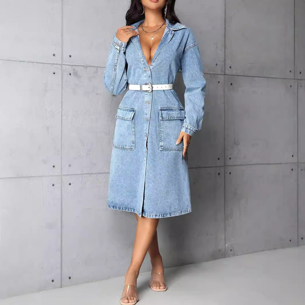 Damen Jeansjacke im長 Belichtungs-Vintage-Stil mit praktischen Taschen und Knopfleiste Drune