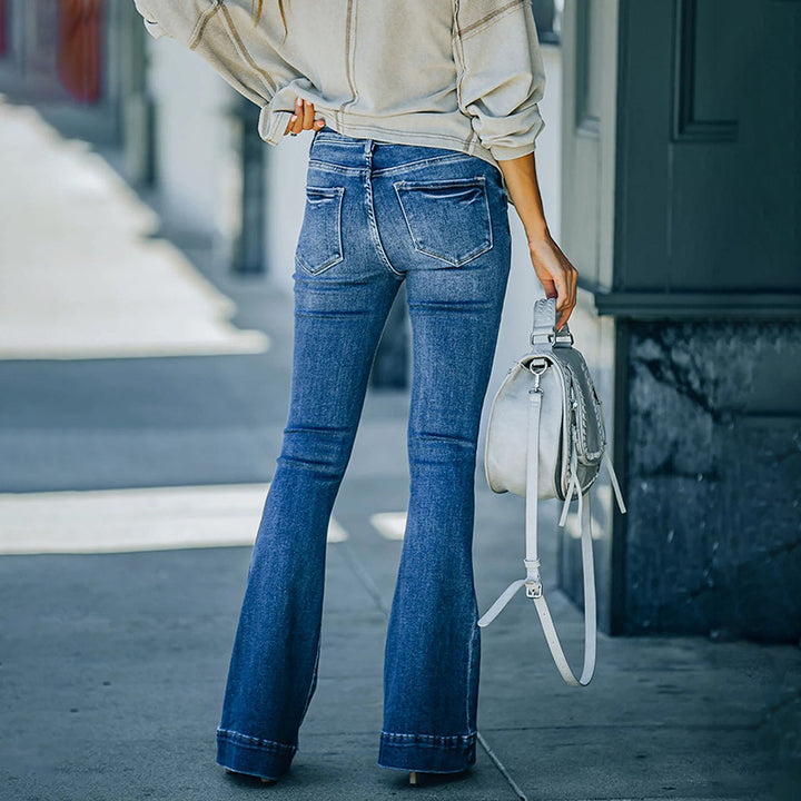 Damen High-Waist Schlagjeans mit tailliertem Schnitt und dekorativer Vordernaht Drune