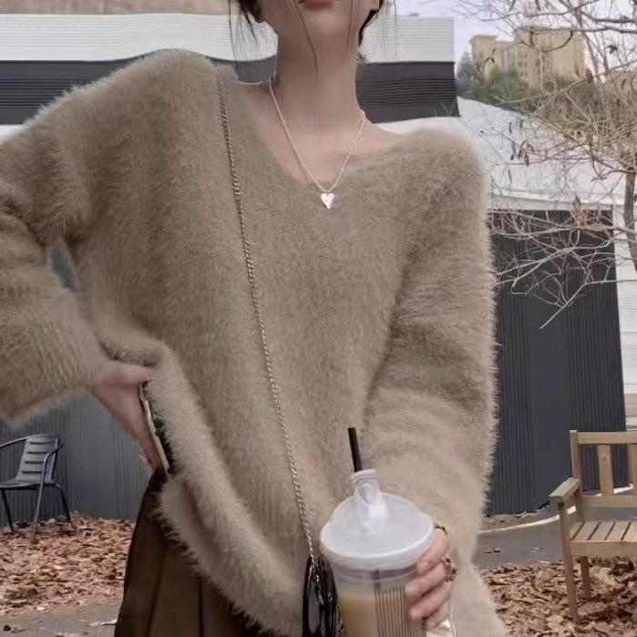 Damen flauschiger Pullover mit tiefem V-Ausschnitt und weiten Ärmeln Drune