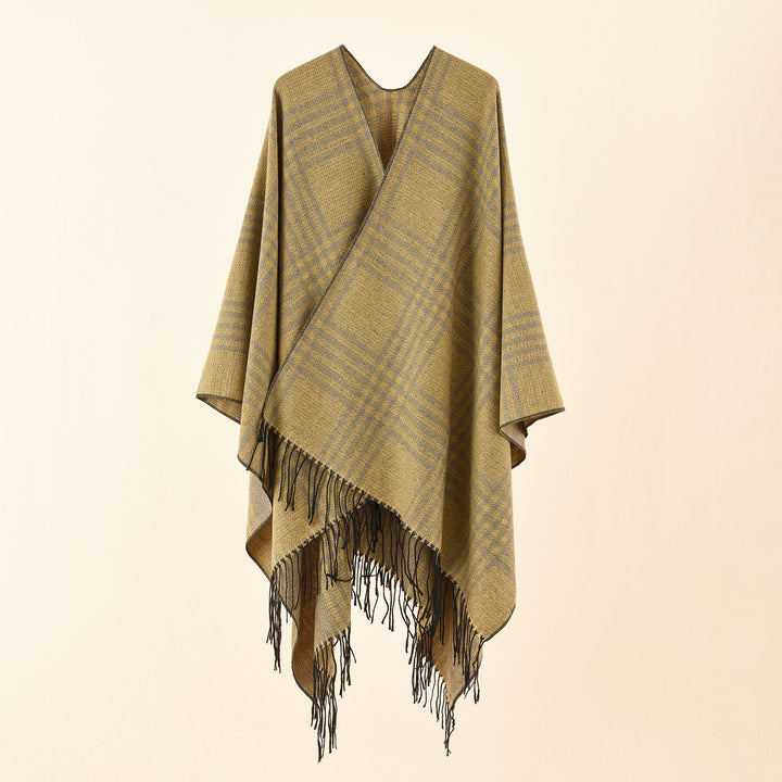 Damen Ruana-Poncho mit V‑Ausschnitt, kastigem Kimono-Fall und Fransensaum Drune