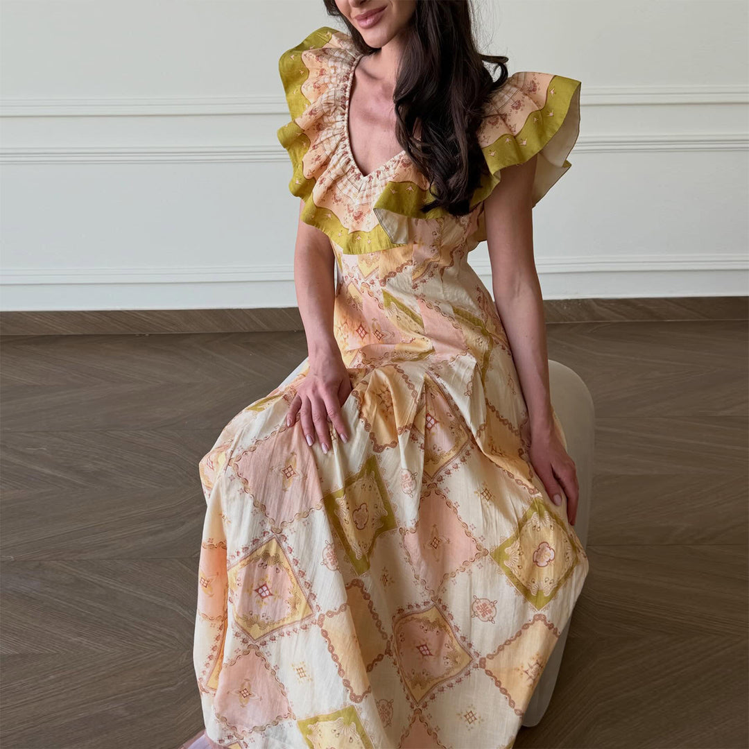Damen Maxikleid mit voluminösen Rüschendetails und elegantem V-Ausschnitt Drune