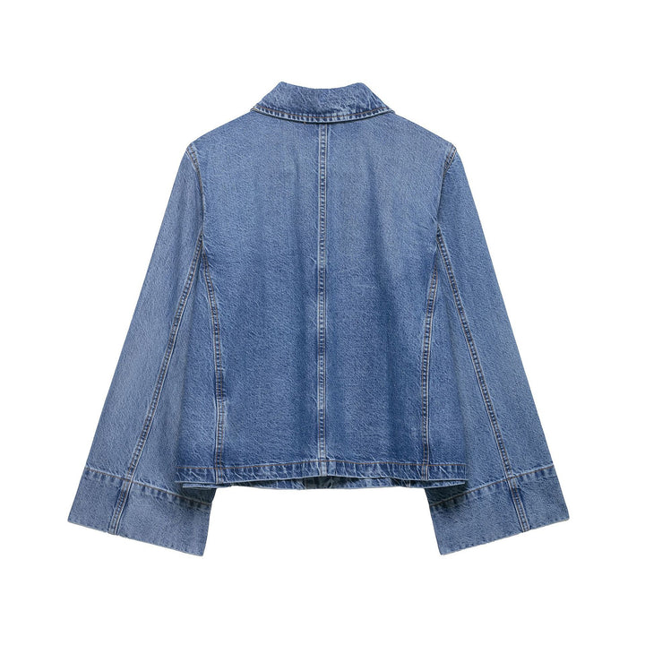 Damen Cropped Oversize-Jeansjacke mit großen aufgesetzten Taschen und sichtbarer Knopfleiste Drune