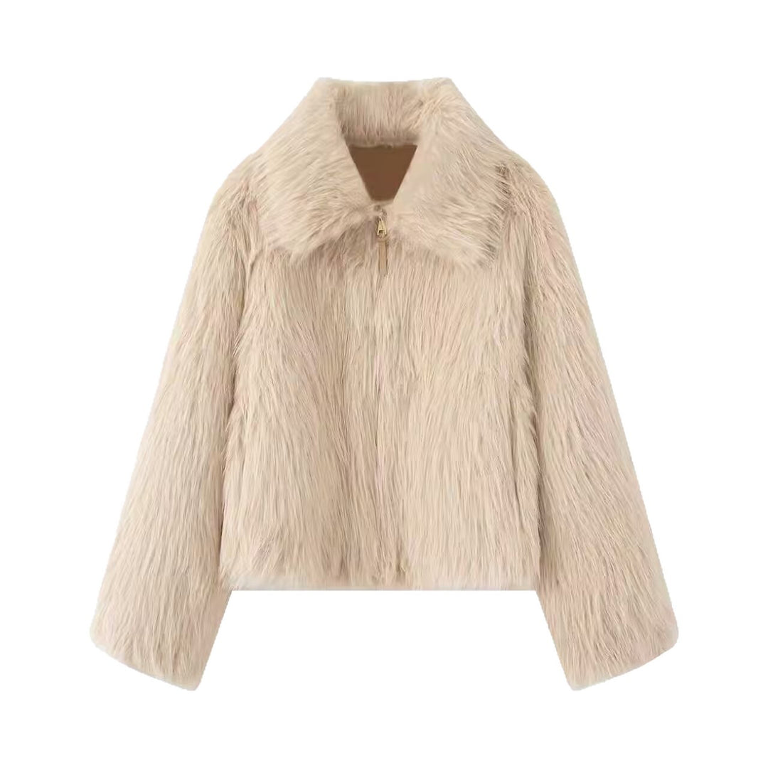 Damen Kurze Kunstfell-Croppedjacke mit voluminösem Schalkragen und Frontreißverschluss Drune