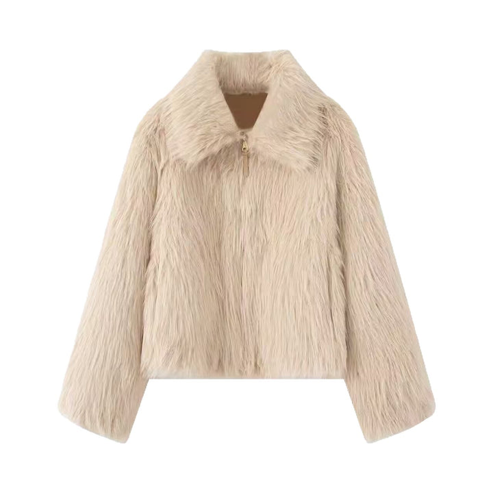 Damen Kurze Kunstfell-Croppedjacke mit voluminösem Schalkragen und Frontreißverschluss Drune