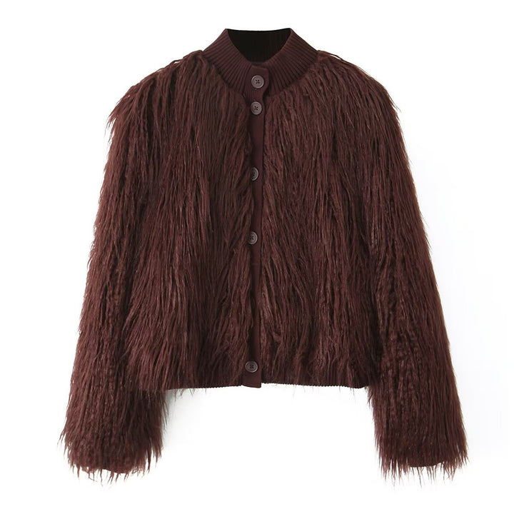 Damen Kurz geschnittene Shaggy-Faux-Fur-Strickjacke mit Rippkragen und Knopfleiste Drune