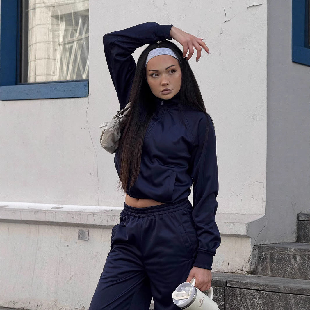 Damen Cropped-Trainingsjacke und hochtaillierte Jogginghose Set aus funktionalem Polyester Drune