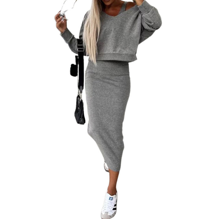 Damen Casual Cropped Feinstrick-Set mit hoch tailliertem Midi-Bleistiftrock und Racerback-Top Drune