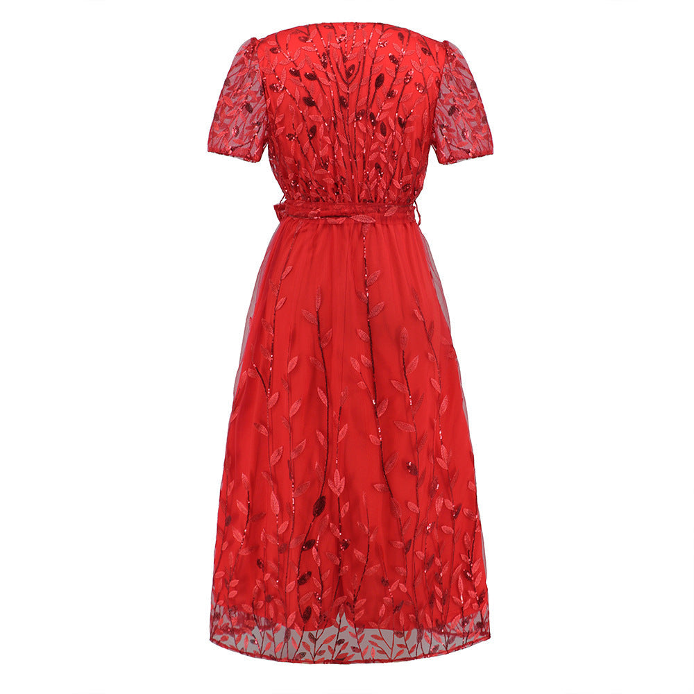 Drune | Kurzärmliges Kreuz V-Ausschnitt Gürtel Midi Kleid