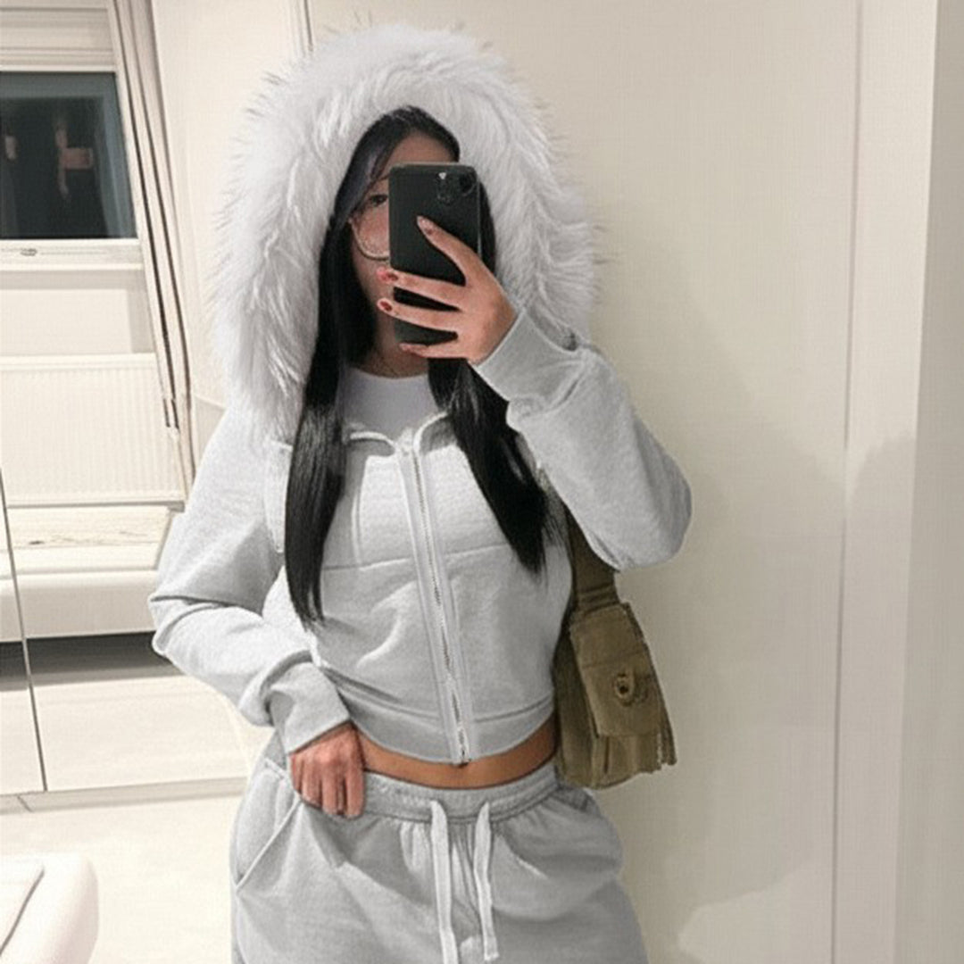 Damen Kurze Kapuzenjacke mit Reißverschluss, tailliertem Cropped-Schnitt und Kunstfellkragen Drune