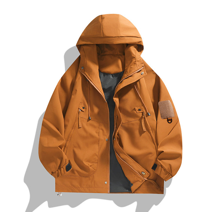 Herren atmungsaktive Utility-Kapuzenjacke mit verdecktem Reißverschluss, Multi-Taschen und verstellbaren Ärmelabschlüssen Drune