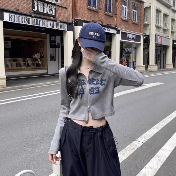 Damen modisches und sportliches Cropped-Shirt mit Reißverschluss Drune