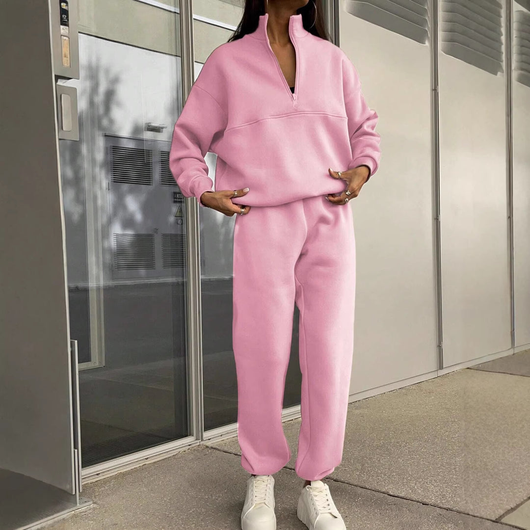 Damen Oversize Sweat-Set mit halbem Reißverschluss, Stehkragen und lässiger Jogginghose Drune
