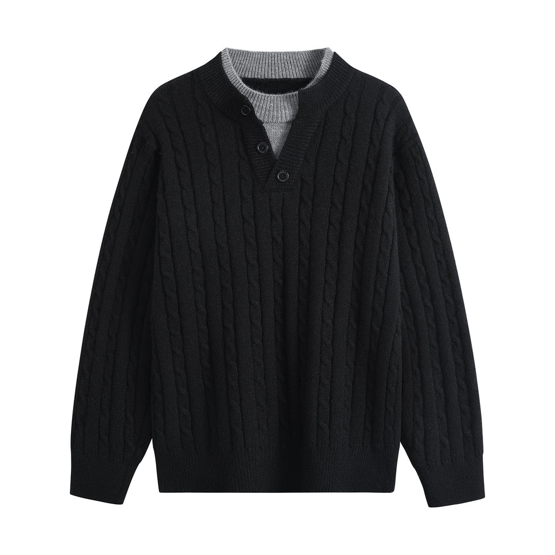 Damen Oversize Zopfstrick-Pullover mit Henley‑Kragen und Kontrastinnenkragen Drune