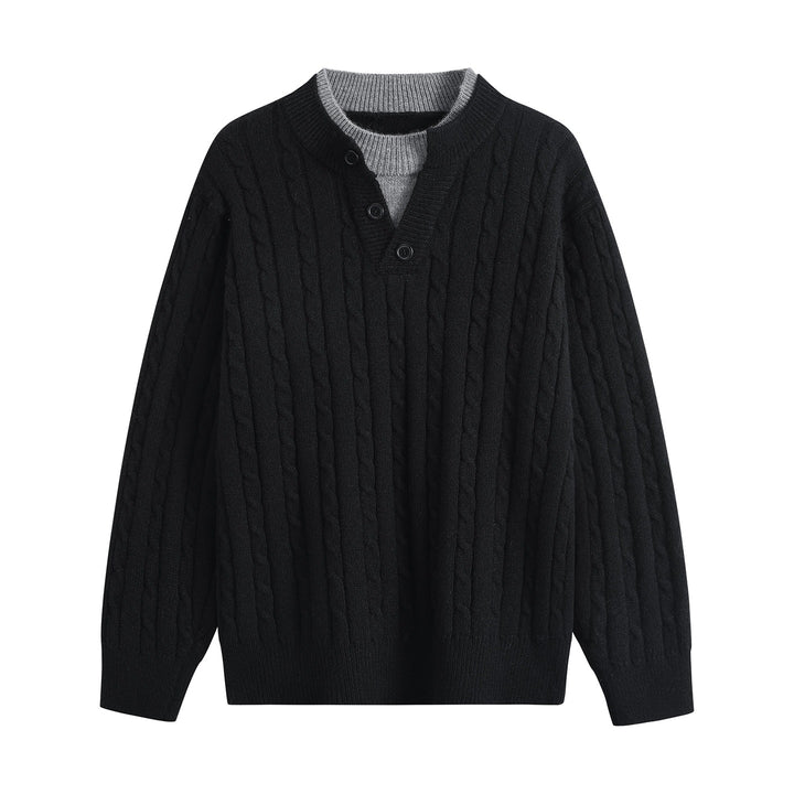 Damen Oversize Zopfstrick-Pullover mit Henley‑Kragen und Kontrastinnenkragen Drune