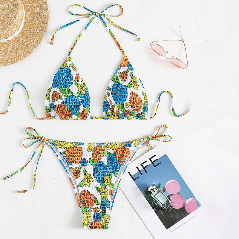 Damen Bunt bedrucktes Triangel-Bikini-Set mit raffinierten Bindebändern Drune