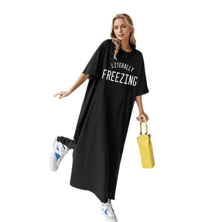 Damen nan lässiges Oversize Maxi-T-Shirt-Kleid mit Rundhals und Statement-Print Drune