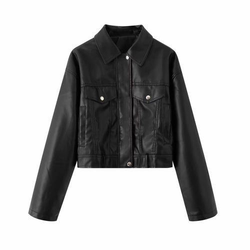 Damen nan kurzes Kunstlederjacke im Cropped‑Cut mit Hemdkragen, Druckknopfleiste und Pattentaschen Drune
