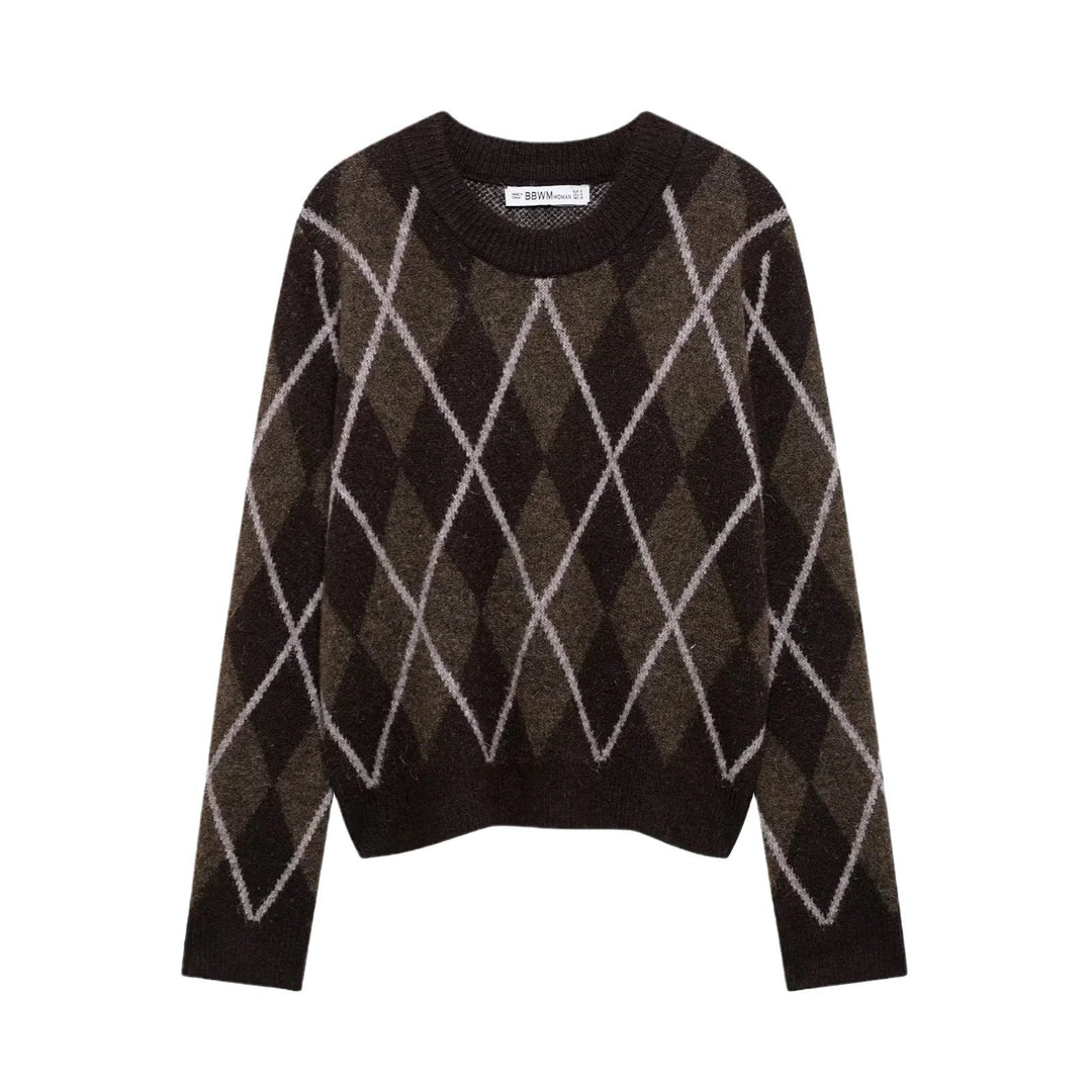 Damen lässiger Pullover mit Rautenmuster und Rundhalsausschnitt Drune