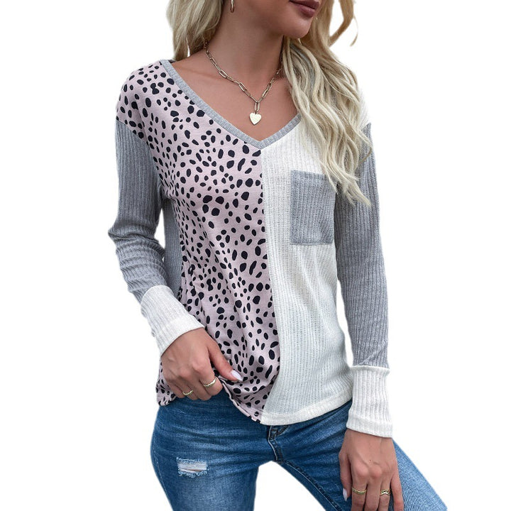 Damen Patchwork-Langarmshirt mit V-Ausschnitt, Rippenstruktur und Animal-Print Drune