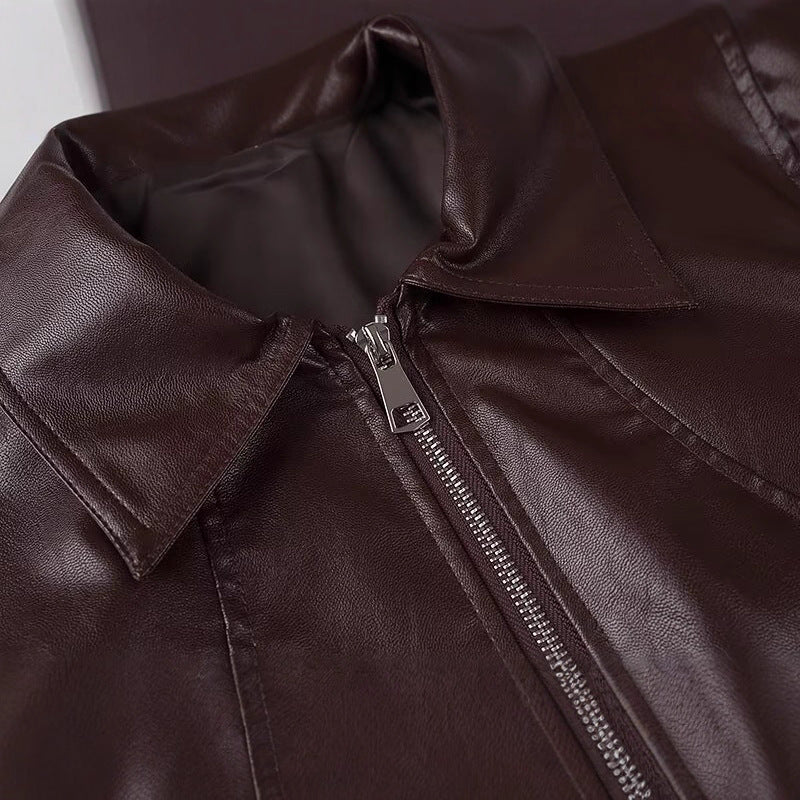Damen modische Kunstlederjacke im Vintage-Stil mit Stehkragen Drune