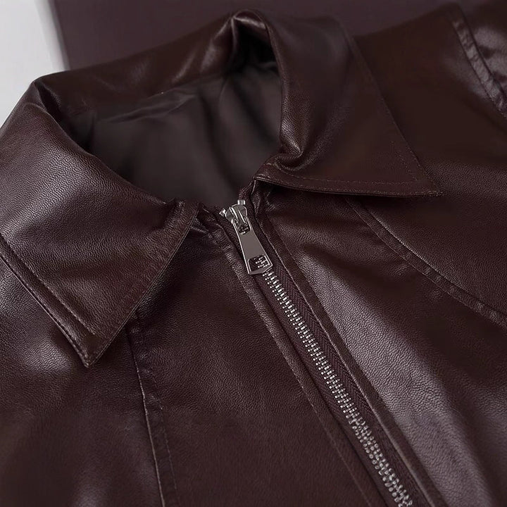 Damen modische Kunstlederjacke im Vintage-Stil mit Stehkragen Drune
