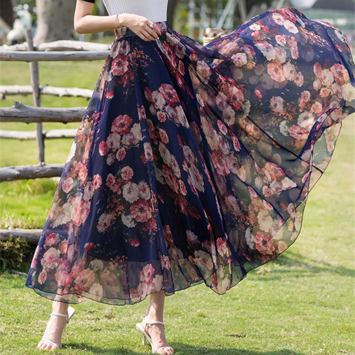 Damen nan lange plissierte Maxirock mit floralem Sommerprint und elastischem Bund Drune