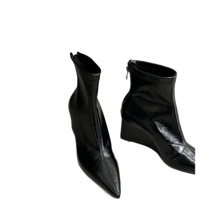 Damen Spitz zulaufende Ankle-Boots mit Sock-Upper und skulptiertem Keilabsatz Drune