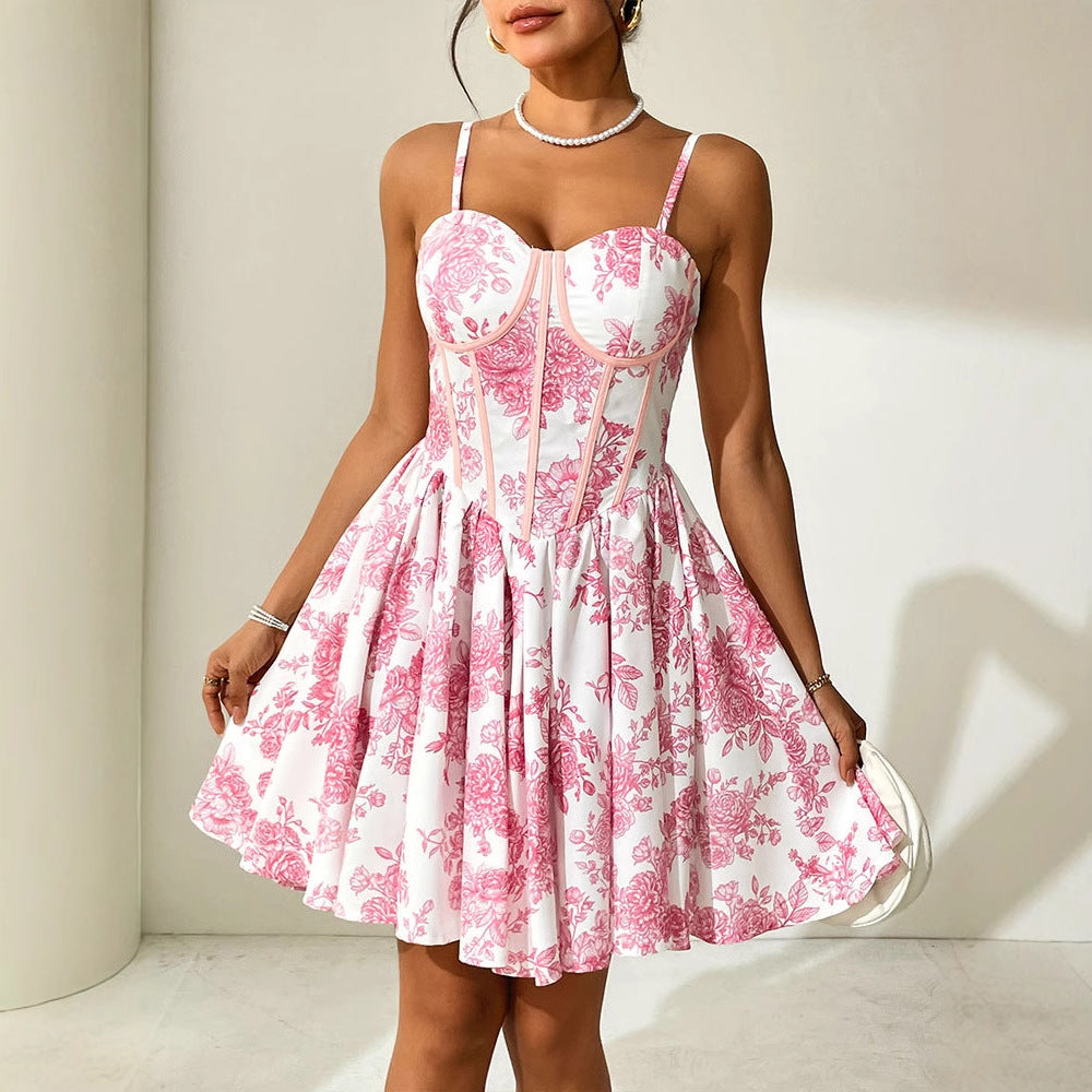 Damen Blumenkleid mit Korsett-Oberteil und schwingendem Rock Drune