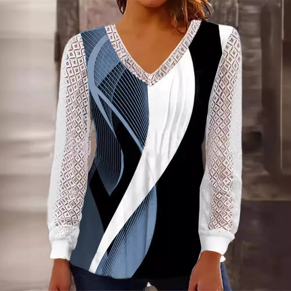 Damen V-Ausschnitt Bluse mit abstraktem Grafikprint und Spitzenärmeln Drune