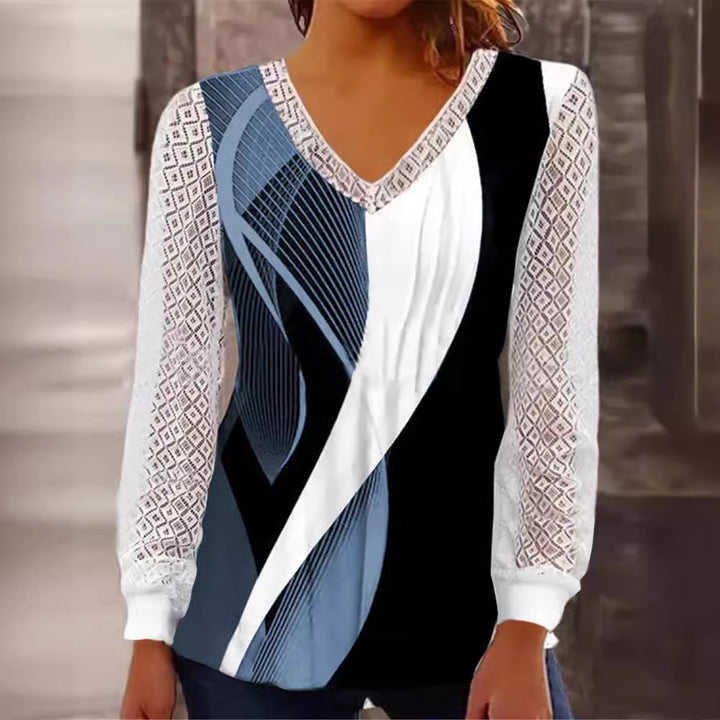 Damen V-Ausschnitt Bluse mit abstraktem Grafikprint und Spitzenärmeln Drune
