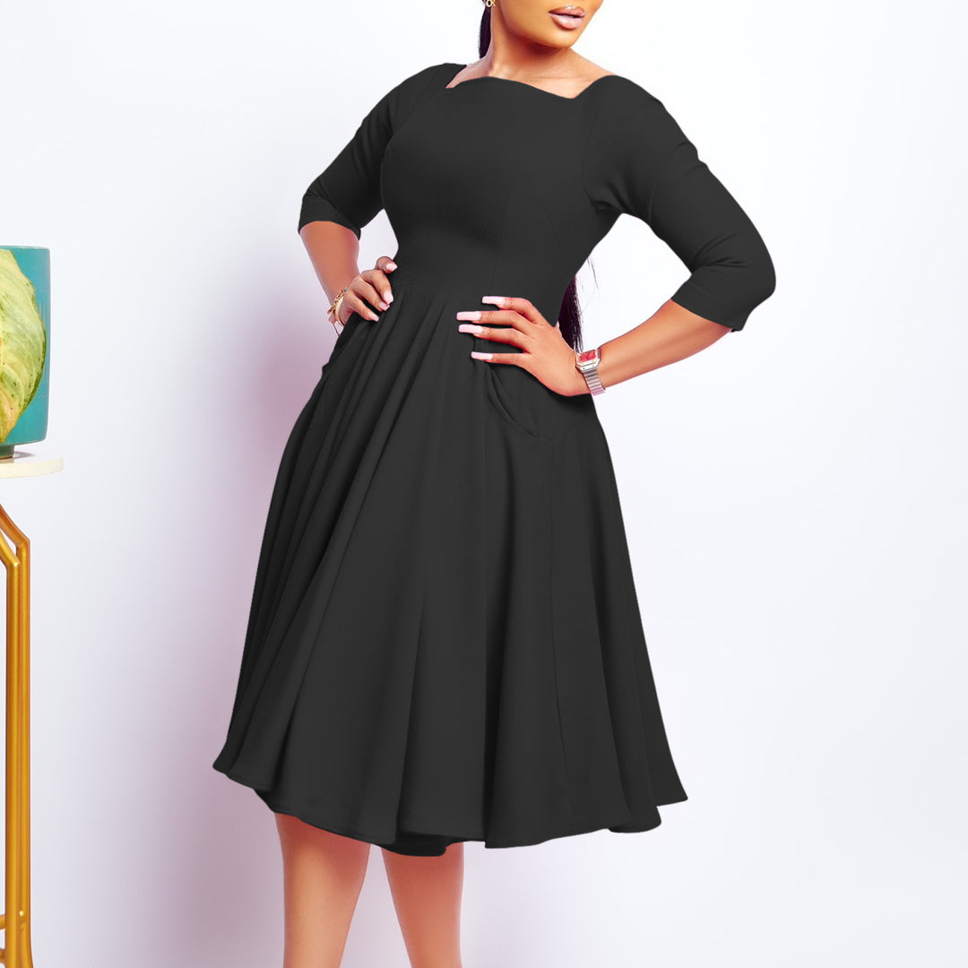 Damen A-Linien Kleid mit schmeichelhaftem Ausschnitt und praktischen Taschen Drune