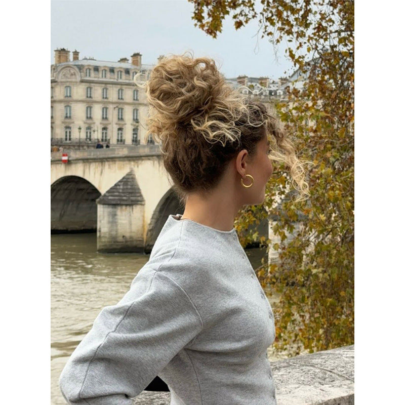 Damen modische Strickjacke mit plissierten Ärmeln und Knopfdetails Drune