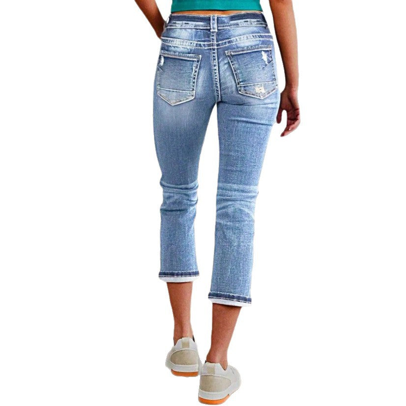 Damen Cropped-Jeans im Capri-Schnitt mit taillenhoher Passform und dezenter Used-Waschung Drune