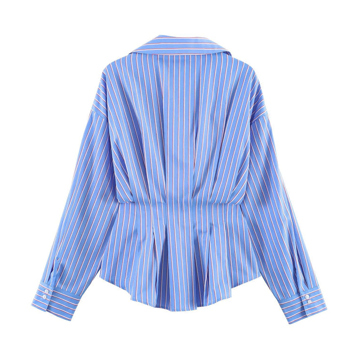 Damen Gestreifte Oversize-Bluse mit taillierenden Raffungen und Hemdkragen Drune