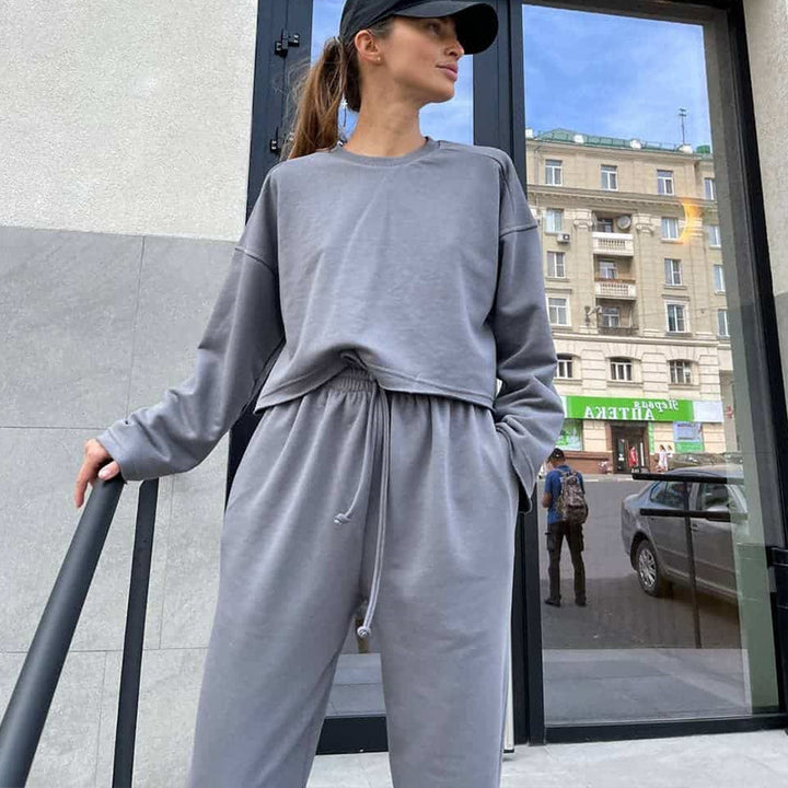 Damen lässiges Oversize-Lounge-Set mit weitem Crewneck-Sweater und elastischer Kordelbund-Jogginghose Drune