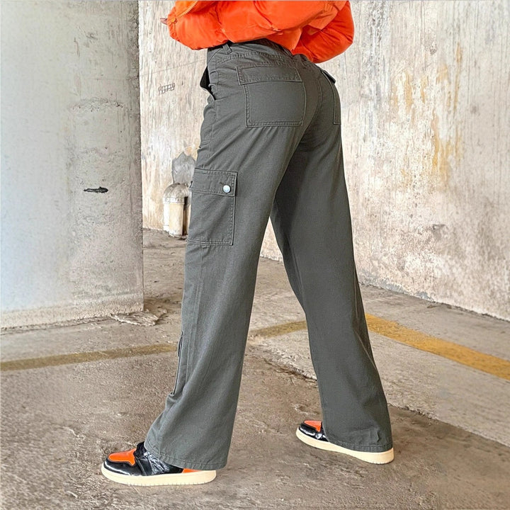 Damen Cargo-Hose mit hoher Taille, weitem Bein und aufgesetzten Pattentaschen Drune