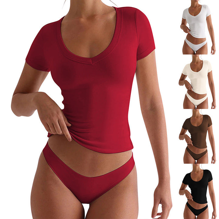 Damen figurbetontes V-Neck T-Shirt mit kurzen Ärmeln Drune