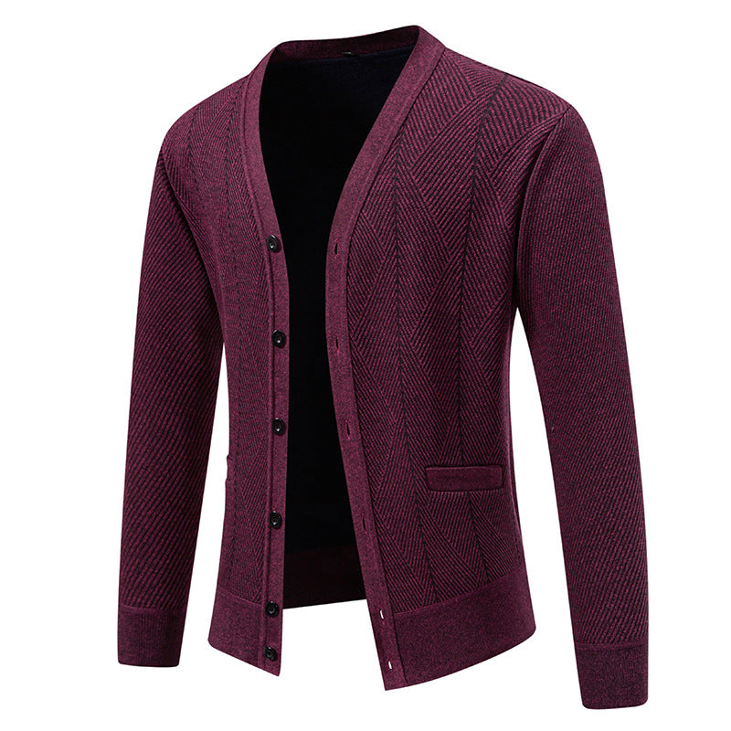 Herren Strukturierter Feinstrick-Cardigan mit Chevron‑Muster, V‑Ausschnitt und Eingrifftaschen Drune