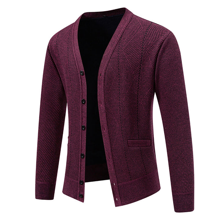 Herren Strukturierter Feinstrick-Cardigan mit Chevron‑Muster, V‑Ausschnitt und Eingrifftaschen Drune