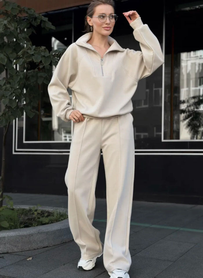 Damen Oversize-Halbreißverschluss-Sweatshirt mit weit geschnittener hochgeschnittener Palazzo-Hose Drune