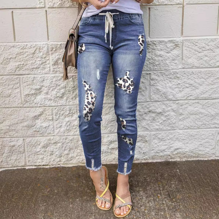 Damen modische Skinny-Jeans mit einzigartigem Leoparden-Design und Destroyed-Details Drune