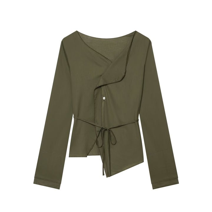 Damen Asymmetrische Wickelbluse mit Volantkante und Taillengürtel Drune