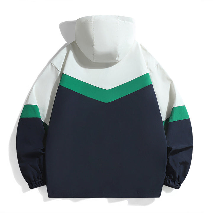 Herren Leichte Farbblock-Kapuzen-Übergangsjacke mit wasserabweisender Hülle, Kontrastpasse & Reißverschlusstaschen Drune