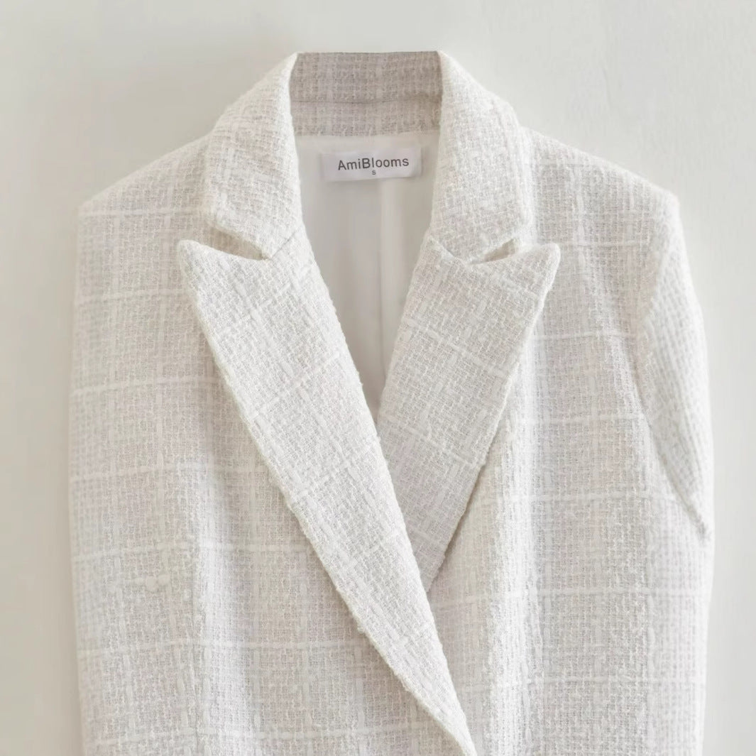 Damen Doppelreihiger Bouclé‑Tweed‑Blazer mit Schalkragen und Pattentaschen Drune
