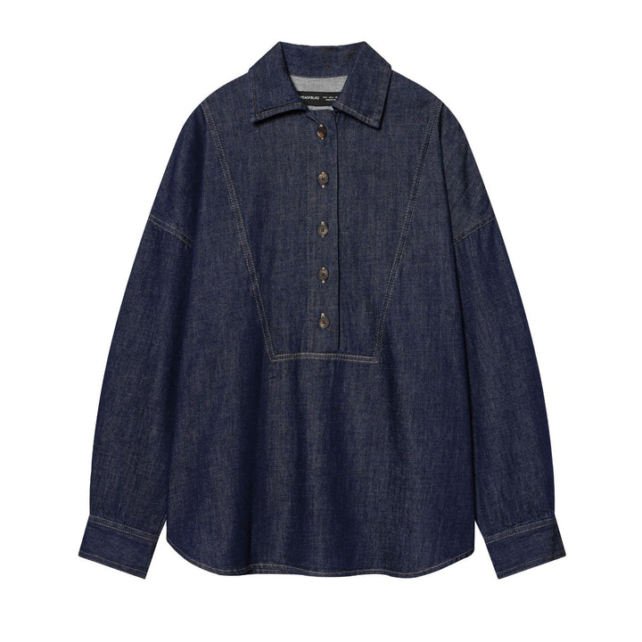 Damen nan Oversize-Denimbluse mit verdeckter Knopfleiste, markanten Teilungsnähten und kastiger Silhouette Drune