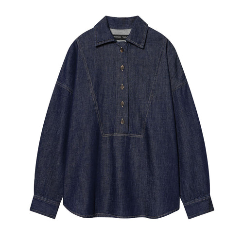 Damen nan Oversize-Denimbluse mit verdeckter Knopfleiste, markanten Teilungsnähten und kastiger Silhouette Drune