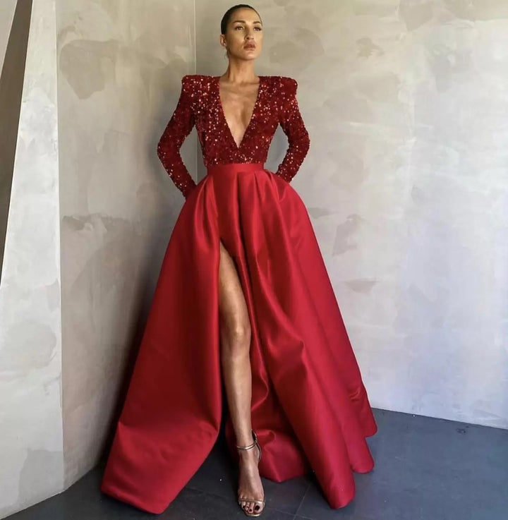 Damen Glamouröses Abendkleid mit tiefem V-Ausschnitt und hochgeschnittenem Rock Drune